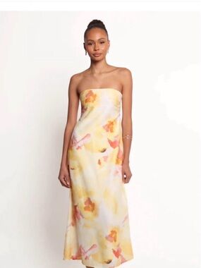 Petal & Pup Strapless Yellow and Coral Watercolor Midi Dress